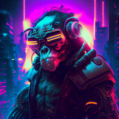 Chimpanzee cyberpunk style. Generative Ai.