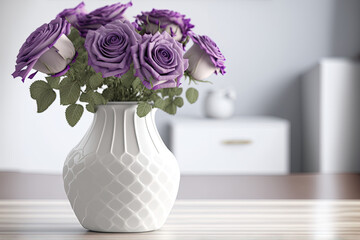 Violet rose flowers in vase on wooden table with place for copy space. Generative AI