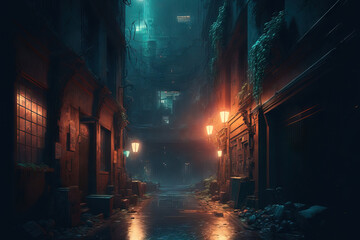 Backstreet of a future, dystopian urban city at night. notion of cyberpunk. Generative AI