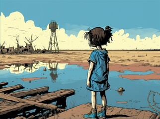child in Epecuen, Buenos Aires, Argentina, observing the water. global warming destroyed by flooding city. Generative AI