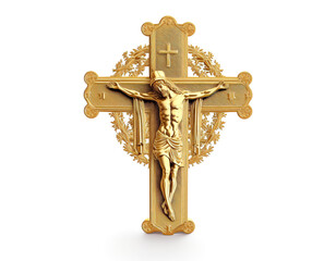 Golden crucifix cross with Jesus isolated on white. Generative AI
