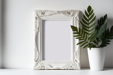 White background with an isolated wooden white frame. Details of modern eco friendly bohemian loft style interior. Generative AI