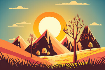 The sun is beaming in the clear sky over a mountain and a dry grass field with towering trees. Generative AI