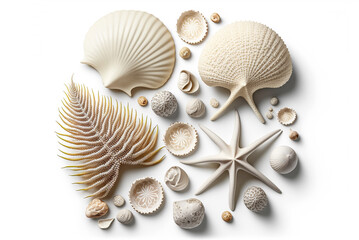 Collection of white sea shells and corals on white. Generative AI