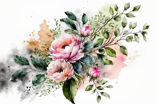 watercolor illustration of flowers. On a white background, a delicate floral. Generative AI