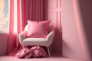 Sleeping room composition with pillows, curtain, chair in pink colors. . Generative AI