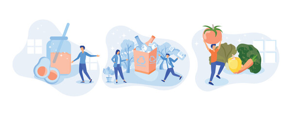 Obraz premium Sustainable lifestyle illustration set. People collecting plastic trash into recycling garbage bin, trying to make zero waste and following vegan diet. set flat vector modern illustration