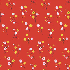 Seamless floral pattern, cute flower print with vintage motif. Simple botanical design with small hand drawn flowers in a liberty arrangement on a red background. Vector illustration.