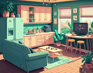 Kitchen and living room, apartment interior. Generative AI