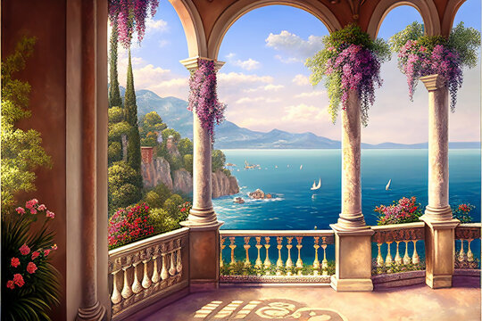painting fresco balcony sea view imagine oil color	fresh 