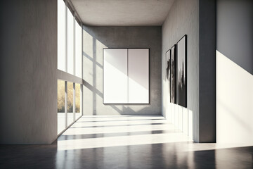 Spacious gallery interior with sunlight shadow on concrete wall. Mock up,. Generative AI
