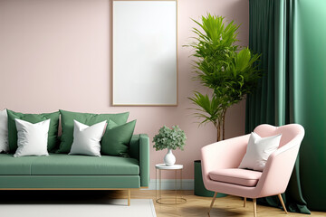 Interior of a green living room featuring a vertical poster. In the corner, there is a pink recliner with cushions and a coffee table with a vase of flowers. a mockup. Generative AI