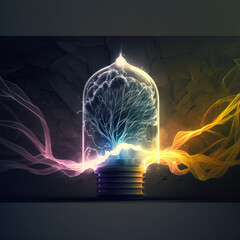 abstract light bulb, concept of brainstrom with flowing of ideaes, generative ai