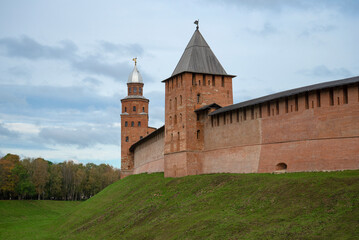 Two ancient towers of Novgorod Kremlin on October afternoon. Veliky Novgorod, Russia