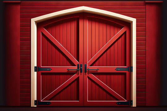 the front side of a horizontal image of a red wooden barn door. Generative AI