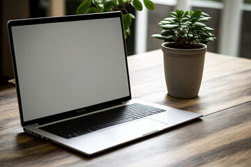 Laptop on table with blank screen. New project workspace background on a laptop with a blank copy space for your advertising text message. Generative AI