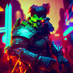 Green Orc Robot Wearing Modern Armor Uniform and Holding Sword Cyberpunk Style. Generative Ai