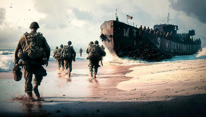 soldiers returning to battleship on beach. Generative AI