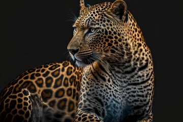 Beautiful large leopard in close up, isolated on a dark background. Generative AI - obrazy, fototapety, plakaty