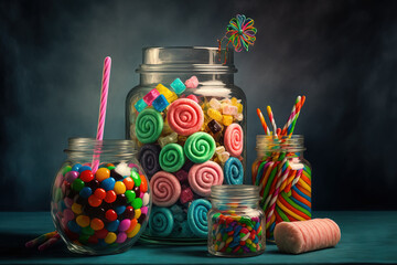 On a table with colored background, glasses contain various chewy candies. Generative AI