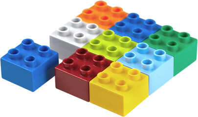 Many colorful plastic block toys