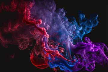 Dramatic red, blue, and purple colored smoke and fog that contrast sharply. Abstract wallpaper or a background that is vivid and strong. Generative AI