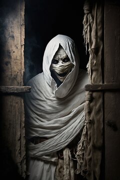 Pocong ghost from Indonesian and Malaysia folklore covered in white linen, Generative A
