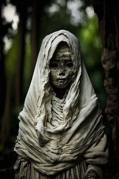 Pocong ghost from Indonesian and Malaysia folklore covered in white linen, Generative A