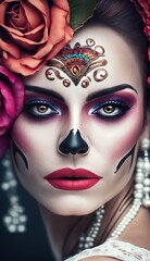 Dia de los muertos, Mexican holiday of the dead and halloween. Woman with sugar skull make up and flowers. generative AI	