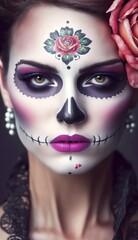 Dia de los muertos, Mexican holiday of the dead and halloween. Woman with sugar skull make up and flowers. generative AI	