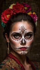 Dia de los muertos, Mexican holiday of the dead and halloween. Woman with sugar skull make up and flowers. generative AI	