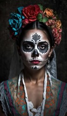 Dia de los muertos, Mexican holiday of the dead and halloween. Woman with sugar skull make up and flowers. generative AI	