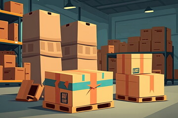 Paper boxs in warehouse. Shipping product, logistics, vector illustration, Made by AI,Artificial intelligence