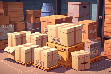Paper boxs in warehouse. Shipping product, logistics, vector illustration, Made by AI,Artificial intelligence