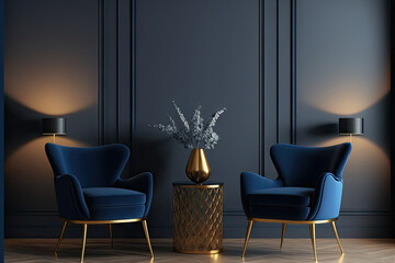 Dark room with accents. Blue navy armchairs. Trendy modern interior design mockup. Gray wall painted background empty for art. Premium lounge living or reception hall interior. Generative AI