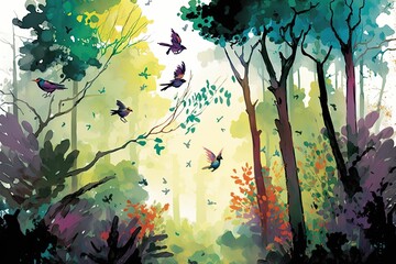 Digital watercolor painting of a forest landscape with birds, butterflies and trees, in bright colors  forest setting, ai