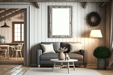 Mockup frame in farmhouse living room interior, 3d render, portrait frame on wall, ai