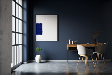 The interior design of the living room features a sideboard, an armchair, and two canvases on the space's dark blue wall and concrete ground. There is a dining room in the distance. a mockup minimalis