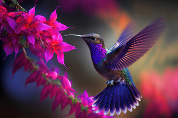 Violet Sabrewing, a hummingbird, flies near to a stunning pink blossom in a tropical environment. Generative AI