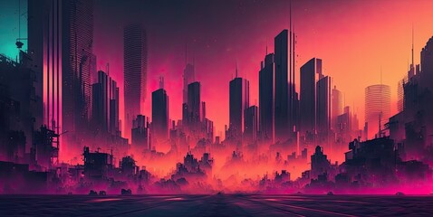 cyberpunk colors gradient background, grainy texture effect, smokey, dark city, neon, web banner design, ai