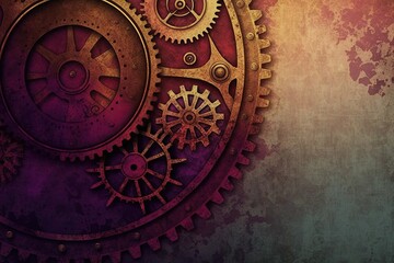 Steampunk background, grainy texture effect, smoky, dark gears, neon, web banner, ai