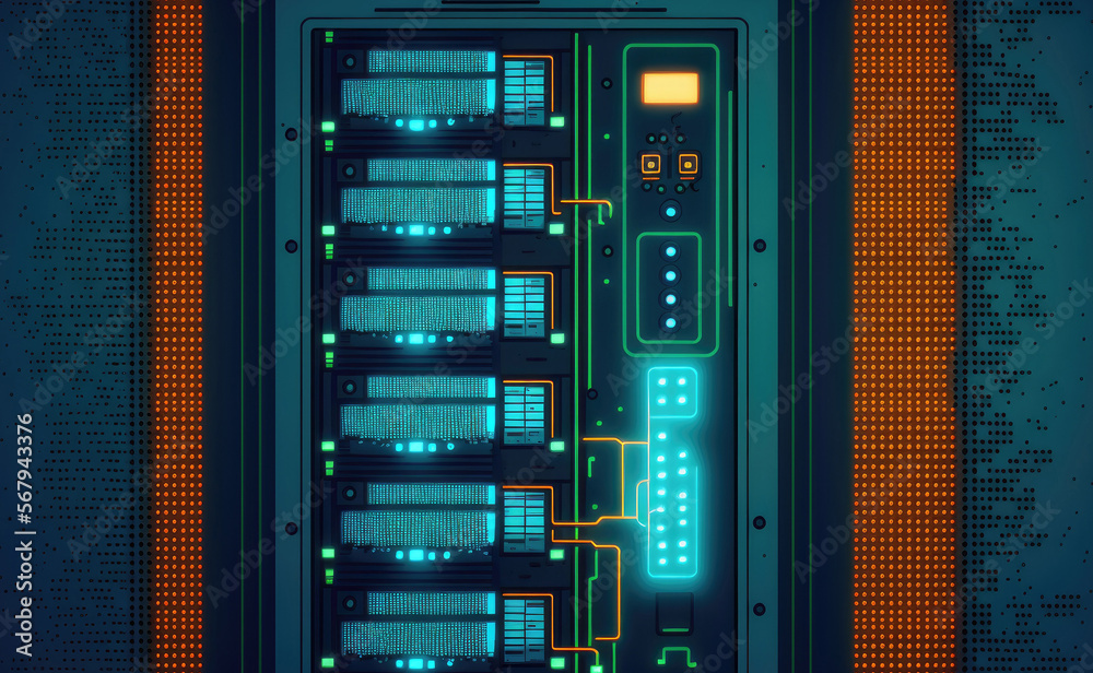 Poster close up of a computer server in a rack server using a blue light. generative ai