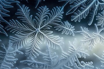 Winter frost patterns on glass. Ice crystals or cold winter background, cool snowflake wallpaper. ai