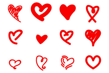 Set of valentine silhouettes of red heart love stickers. Various abstract forms of romantic relationship such as elements of wedding celebration