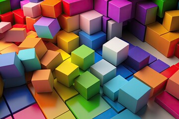 3D Blocks in rainbow colors stacked up and falling over, ai