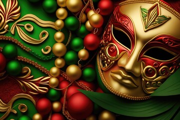 Fototapeta premium Christmas theme red, gold, and green Mardi Gras beads and masks background, ai