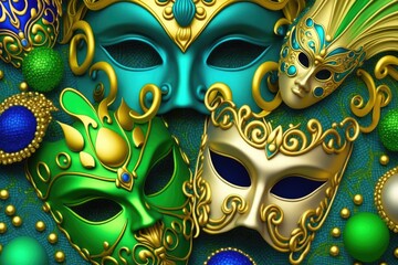 Light blue, gold, and light green Mardi Gras beads and masks background. ai