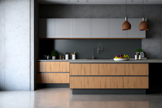Mockup modern kitchen interior desing and decoration with built in counter lsland and cabinets, parquet floor and grey color concrete wall. . Generative AI