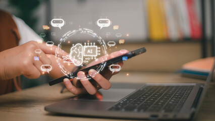 Businesswoman using chatbot in computer smart intelligence Ai. Chat GPT Chat with AI Artificial Intelligence, developed by OpenAI generate. Futuristic technology, robot in online system.