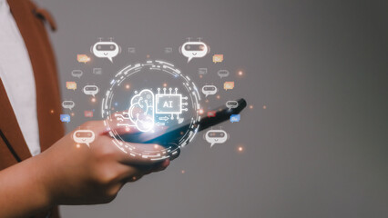 Businesswoman using chatbot in computer smart intelligence Ai. Chat GPT Chat with AI Artificial Intelligence, developed by OpenAI generate. Futuristic technology, robot in online system.